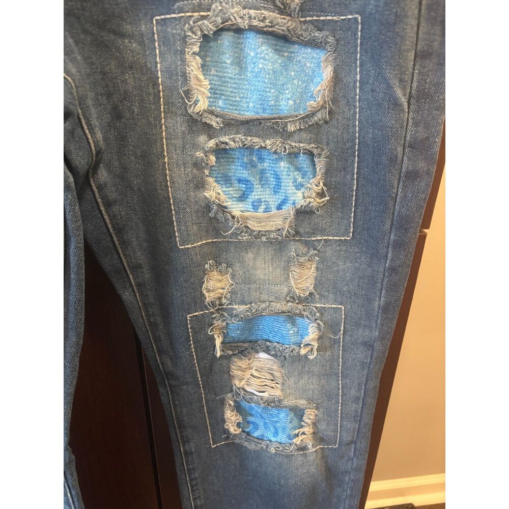 Distressed Jeans Blue Patchwork Denim Straight Leg - image 4